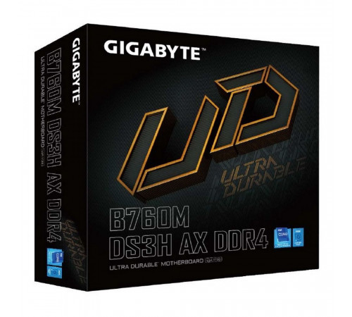 Материнская плата Gigabyte B760M DS3H AX DDR4, Socket 1700, Intel®B760, 4xDDR4-3200, HDMI+DP+DP, 1xPCI-Ex16, 2xPCI-Ex1, 4xSATA3(RAID 0/1/5/10), 2xM.2, 8Ch Audio, GLan, WiFi, (2+4)xUSB2.0, (3+2)xUSB3.2, (1+0)xUSB3.2 Type-C™, 1xPS/2, mATX, RTL