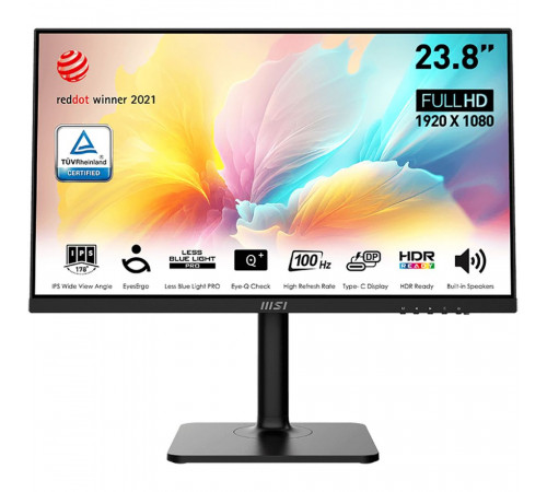 Монитор 23.8" MSI Modern MD2412P  IPS, 1920x1080, 100Hz, 4ms, 300сd/m, 1000:1, HDR | HDMI(1.4), Type-C(PD-15W) | HAS, Pivot, Swivel, ExPSU, Speakers, Vesa 75, Black