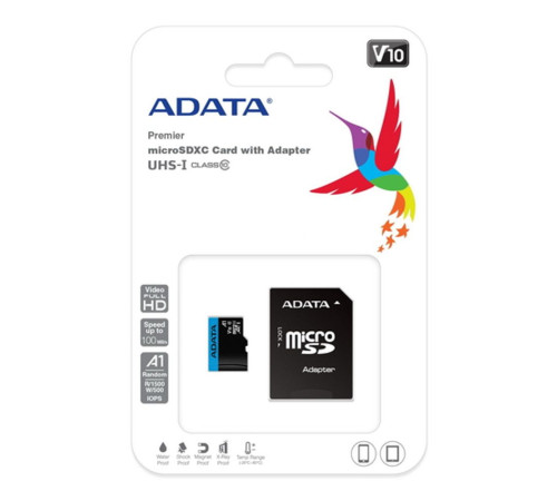 Карта памяти microSDXC 256GB ADATA Premier AUSDX256GUICL10A1-RA1 Class 10 UHS-I/V10 A1, с адаптером