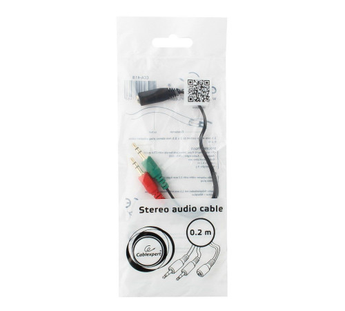 Кабель Cablexpert, джек 3.5 нушники + 3.5 микрофон- джек 3.5 4pin, 0.2 м, черный