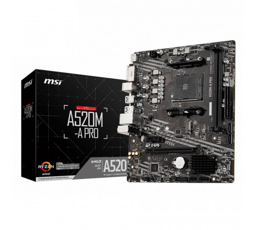 Материнская плата MSI A520M-A PRO A520, AM4, 2*DDR4, 1*PCIEx16, 1*PCIEx1, 1*M.2, 6*USB3.2Gen1, 6*USB2.0, 4*SATA3.0, 1G, DVI, HDMI, M-ATX, RTL