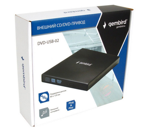Оптический привод внешний DVD±RW Gembird DVD-USB-02, USB 2.0, черный, RTL