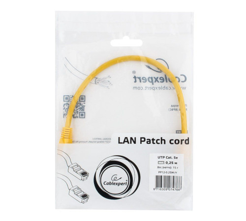 Патч-корд Cablexpert UTP кат.5e, 0.25 м, литой, многожильный, жёлтый