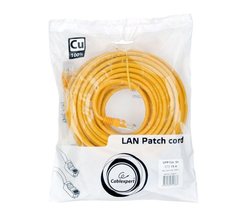 Патч-корд Cablexpert UTP кат.5e, 15 м, литой, многожильный, жёлтый
