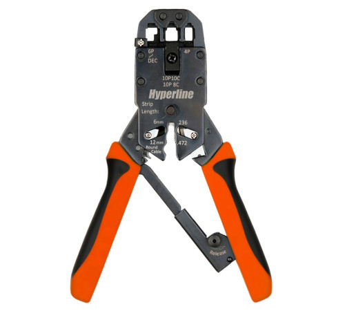Инструмент обжимной (кримпер) Hyperline HT-200AR с храповым механизмом и комплектом сменных лезвий для RJ-50, RJ-45, RJ-12, RJ-11 (10P10C, 8P8C типа AMP, 6P6C, 4P4C),