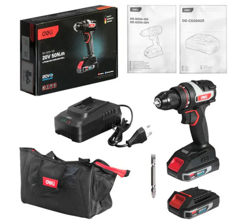 Дрель-шуруповерт аккумуляторная Deli DE-DZ20-1D2 (2 АКБ*2Ач+ЗУ, 20В, 10мм, 50Нм, сумка)