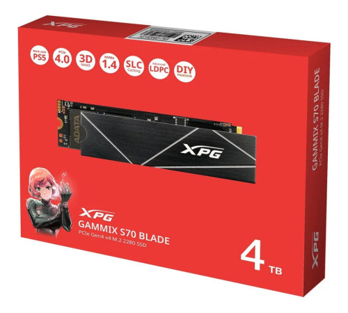 Твердотельный накопитель ADATA GAMMIX S70 BLADE, 4TB, M.2(22x80mm), NVMe, PCIe 4.0 x4, 3D TLC, R/W 7400/6600MB/s, IOPs 750 000/750 000, DRAM buffer 2048MB, TBW 2960, DWPD 0.4, with Heat Spreader
