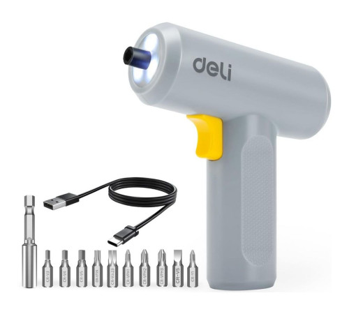 Отвертка аккумуляторная Deli DL-DP04-E3B1 (3,6В, 1,5А*ч, 5Нм, 250 об/мин, набор бит 10 шт + удлинитель, Type-C, картон)