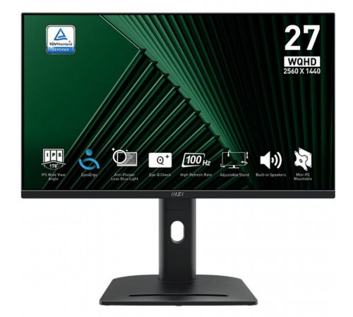 Монитор 27" MSI PRO MP275QPG IPS, 2560x1440, 100Hz, 4ms, 300сd/m, 1300:1, HDR,| 2xHDMI(2.0b), DP(1.2a), HAS, Pivot, Swivel, InPSU, Speakers, Vesa 100, Black