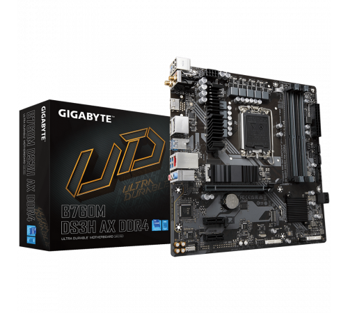 Материнская плата Gigabyte B760M DS3H AX DDR4, Socket 1700, Intel®B760, 4xDDR4-3200, HDMI+DP+DP, 1xPCI-Ex16, 2xPCI-Ex1, 4xSATA3(RAID 0/1/5/10), 2xM.2, 8Ch Audio, GLan, WiFi, (2+4)xUSB2.0, (3+2)xUSB3.2, (1+0)xUSB3.2 Type-C™, 1xPS/2, mATX, RTL