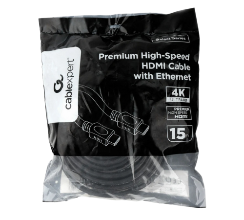 Кабель HDMI Cablexpert, HDMI 2.0, 19M/19M, позол. контакты, экран, 15м, черный