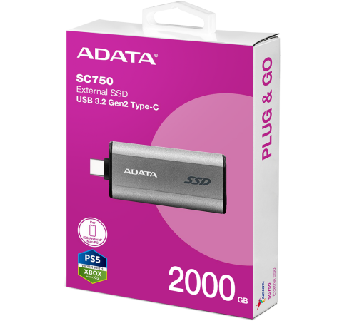 Внешний накопитель SSD 2TB ADATA SC750, USB 3.2, серый