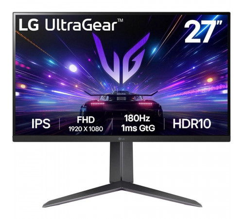 Монитор 27" LG 27GS65F-B IPS, 1920x1080, 180Hz, 1ms, 300сd/m, 1000:1, HDR10, HDMI(2.0), DP(1.4), HAS, Pivot, Swivel, ExPSU, Vesa 100, Black