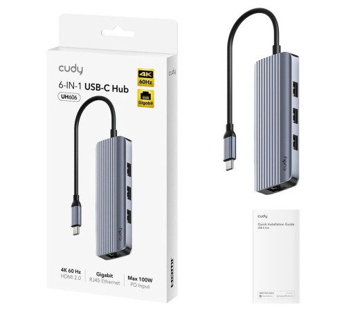 USB-концентратор CUDY UH606, 6-IN-1, USB-C Hub with GbE & 4K@60Hz HDMI