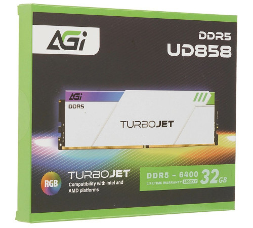 Модуль памяти AGI DDR5 6400MHz CL36 32GB Kit (16GBx2) OC UDIMM +White HEAT SINK –Turbojet+RGB lightbar -Color box