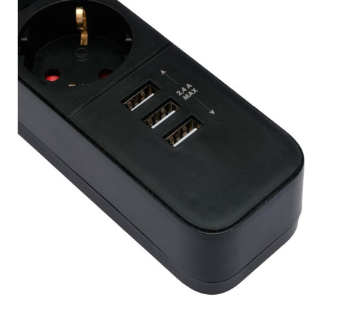 Сетевой фильтр Гарнизон EPS-4-U3-B-2, 4 розетки, 10А, 3 USB-A 5В, 2 м, черный