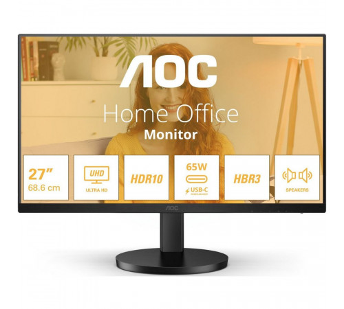 Монитор 27" AOC U27B3CF  IPS, 3840x2160, 60Hz, 4ms, 350сd/m, 1000:1, HDR10 | HDMI(2.0), Type-C(PD-65W), 2xUSB 3.2 | HAS, InPSU, Speakers, Vesa 100, Black