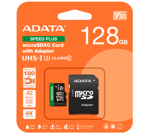 Карта памяти  microSDXC 128GB ADATA Speed Plus UHS-I U3/V30/A2, up to 180/160 MB/s, Durable (Water-/Shock-/X-Ray-Proof)
