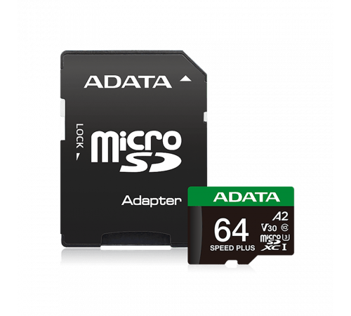 Карта памяти microSDXC 64GB ADATA Speed Plus UHS-I U3/V30/A2, up to 180/160 MB/s, Durable (Water-/Shock-/X-Ray-Proof)