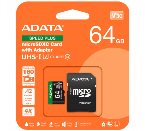 Карта памяти microSDXC 64GB ADATA Speed Plus UHS-I U3/V30/A2, up to 180/160 MB/s, Durable (Water-/Shock-/X-Ray-Proof)