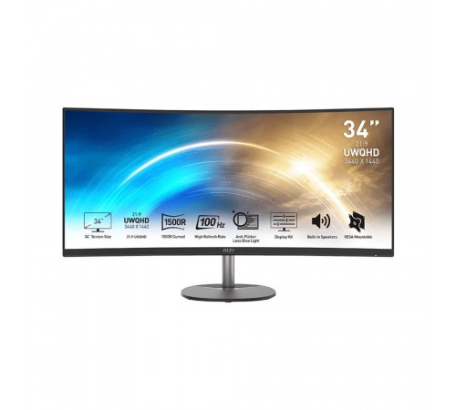 Монитор 34" MSI PRO MP341CQ Curved VA, 3440x1440, 100Hz, 4ms, 300сd/m, 3000:1, HDR | 2xHDMI(2.0b), DP(1.2a) | InPSU, Speakers, Vesa 100, Black