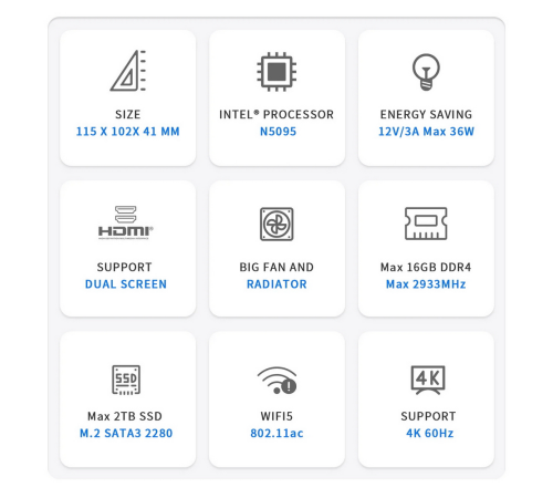 Мини-компьютер Beelink MINI S Intel Celeron N5095//Intel UHD Graphics/8GB DDR4/128GB SSD/Wi-Fi 5/Bluetooth 5.0/LAN 1000M