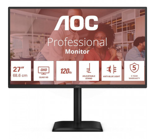 Монитор 27" AOC Q27E4CV  IPS, 2560x1440, 120Hz, 4ms, 350сd/m, 1500:1 | HDMI(2.0), DP(1.4), Type-C(PD-90W), 4xUSB 3.2, RJ45 | HAS, Pivot, Swivel, InPSU, Speakers, Vesa 100, Black