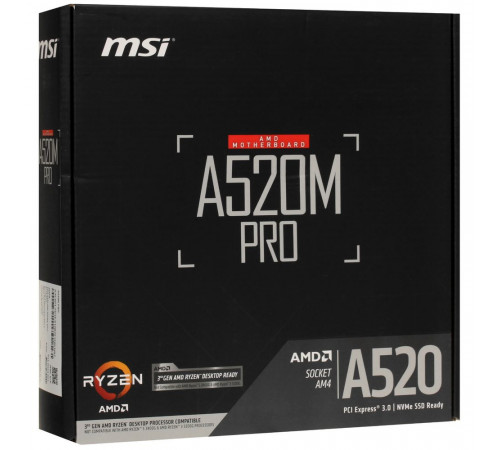 Материнская плата MSI A520M PRO A520, AM4, 2*DDR4, 1*PCIEx16, 2*PCIEx1, 1*M.2, 6*USB3.2Gen1, 6*USB2.0, 4*SATA3.0, 1G, VGA, DP, HDMI, M-ATX, RTL