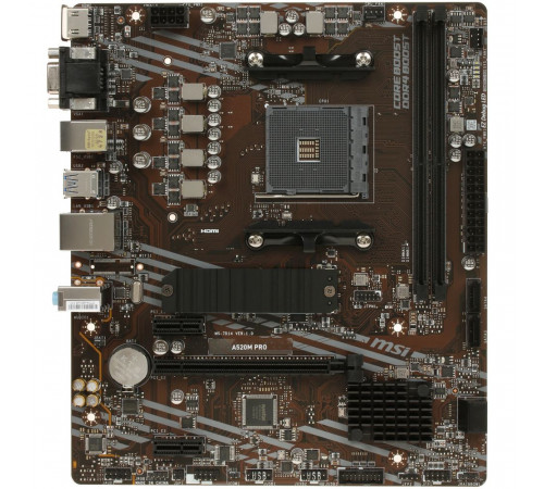 Материнская плата MSI A520M PRO A520, AM4, 2*DDR4, 1*PCIEx16, 2*PCIEx1, 1*M.2, 6*USB3.2Gen1, 6*USB2.0, 4*SATA3.0, 1G, VGA, DP, HDMI, M-ATX, RTL