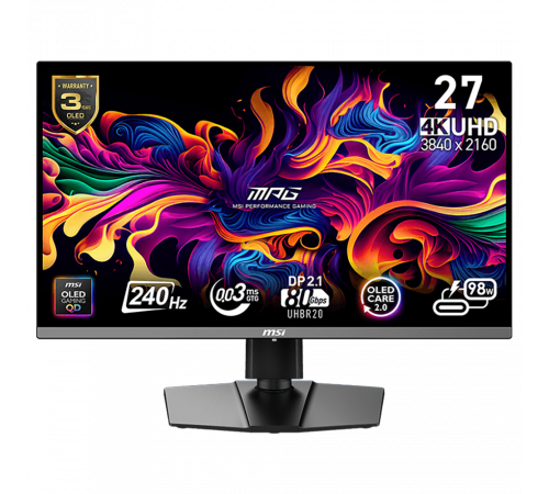 Монитор 26.5" MSI MPG 272URX QD-OLED  QD-OLED, 3840x2160, 240Hz, 0,03ms, 250сd/m, 1500000:1, HDR10 | 2xHDMI(2.1), DP(2.1a), Type-C(PD-98W), 2xUSB3.2 | HAS, Swivel, InPSU, Vesa 100, Black