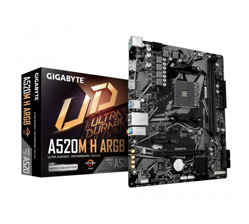 Материнская плата Gigabyte A520M H ARGB A520, AM4, 2*DDR4, 1*PCIEx16, 1*PCIEx1, 1*M.2, 6*USB3.2Gen1, 6*USB2.0, 4*SATA3.0, 1G, DP, HDMI, M-ATX, RTL