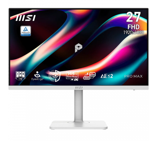 Монитор 27" MSI PRO MAX 271PHW E14  IPS, 1920x1080, 144Hz, 4ms, 300сd/m, 1500:1, HDR | HDMI(2.0b), DP(1.2a), Type-C(PD-65W), 2xUSB3.2 | HAS, Pivot, Swivel, InPSU, Speakers, Vesa 75, White