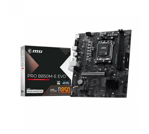 Материнская плата MSI PRO B850M-E EVO B850, AM5, 2*DDR5, 1*PCIEx16, 1*PCIEx1, 1*M.2, 6*USB3.2Gen1, 6*USB2.0, 4*SATA3.0, 2.5G, VGA, HDMI, M-ATX, RTL