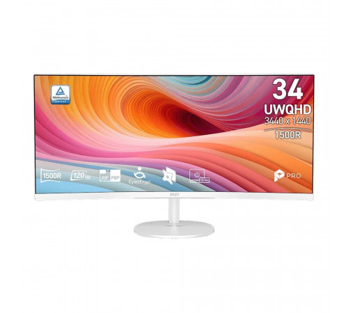 Монитор 34" MSI PRO MP341CQW E12 Curved VA, 3440x1440, 120Hz, 4ms, 300сd/m, 3500:1, HDR, 2xHDMI(2.0b), DP(1.4a), InPSU, Speakers, Vesa 100, White