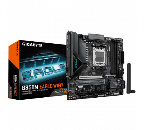 Материнская плата Gigabyte B850M EAGLE WIFI7 B850, AM5, 4xDDR5, 2*PCIEx16, 2*M.2, 2*TypeC, 1*USB3.2Gen2, 4*USB3.2Gen1, 8*USB2.0, 4*SATA3.0, 2.5G, 2*DP, HDMI, M-ATX, RTL