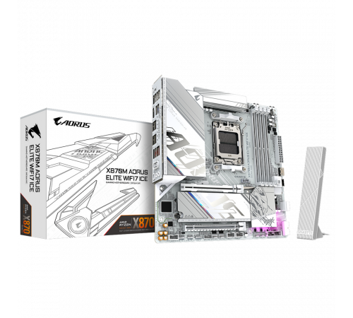 Материнская плата Gigabyte X870M AORUS ELITE WIFI7 ICE X870, AM5, 4*DDR5, 2*PCIEx16, 2*M.2, 1*TypeC, 2*USB3.2Gen2, 6*USB3.2Gen1, 8*USB2.0, 2*SATA3.0, 2.5G, 2*TypeC(DP), HDMI, M-ATX, RTL