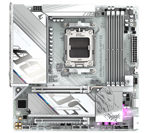 Материнская плата Gigabyte X870M AORUS ELITE WIFI7 ICE X870, AM5, 4*DDR5, 2*PCIEx16, 2*M.2, 1*TypeC, 2*USB3.2Gen2, 6*USB3.2Gen1, 8*USB2.0, 2*SATA3.0, 2.5G, 2*TypeC(DP), HDMI, M-ATX, RTL