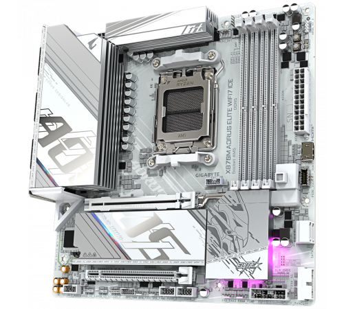 Материнская плата Gigabyte X870M AORUS ELITE WIFI7 ICE X870, AM5, 4*DDR5, 2*PCIEx16, 2*M.2, 1*TypeC, 2*USB3.2Gen2, 6*USB3.2Gen1, 8*USB2.0, 2*SATA3.0, 2.5G, 2*TypeC(DP), HDMI, M-ATX, RTL