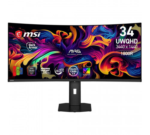 Монитор 34.18" MSI MAG 341CQP QD-OLED X28 Curved QD-OLED, 3440x1440, 280Hz, 0,03ms, 250сd/m, 1500000:1, HDR, 2xHDMI(2.1), DP(1.4a), Type-C(PD-15W), HAS, Swivel, InPSU, Vesa 100, Black