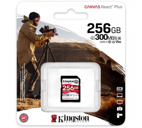 Карта памяти Kingston SDXC 256GB Canvas React Plus Memory Card SDR2/256GB UHS-II U3 Class 10/V90, w/o Adapter, 300/260Mb/s, RTL