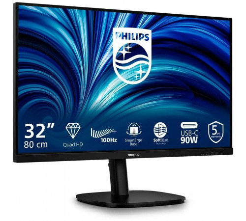 Монитор 31.5" PHILIPS 32B2U3601 Black (IPS, 2560x1440, HDMI(2,0)+DP(1,4), USB-Hub,USB-C(PD90W) LAN(RJ-45) 4 ms, 178°/178°, 350 cd/m, 1500:1, 100Hz, Swivel, Pivot, InPSU, Speakers)
