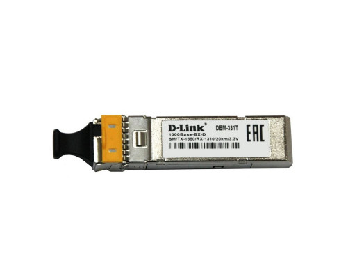 Трансивер D-Link 331T/20KM/A1A WDM SFP-трансивер с 1 портом 1000BASE-BX-D (Tx:1550 нм, Rx:1310 нм) для одномодового оптического кабеля Трансивер D-Link 331T/20KM/A1A WDM SFP-трансивер с 1 портом 1000BASE-BX-D (Tx:1550 нм, Rx:1310 нм) для одномодового оптического кабеля