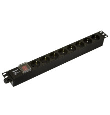 Блок розеток Hyperline SHE19-8SH-S-CB, 19", горизонтальный, 8 розеток, без кабеля питания, клеммная колодка 16A, 250В, алюминий, черный