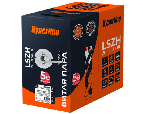 Кабель витая пара Hyperline U/UTP, неэкранированный, cat.5, 4 pair, 24 AWG, LSZH, 305 м, серый Кабель витая пара Hyperline U/UTP, неэкранированный, cat.5, 4 pair, 24 AWG, LSZH, 305 м, серый