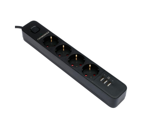 Сетевой фильтр Гарнизон EPS-4-U3-B-2, 4 розетки, 10А, 3 USB-A 5В, 2 м, черный