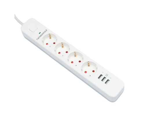 Сетевой фильтр Гарнизон EPS-4-U3-W-2, 4 розетки, 3 USB-A 5В, 2 м, белый Сетевой фильтр Гарнизон EPS-4-U3-W-2, 4 розетки, 3 USB-A 5В, 2 м, белый
