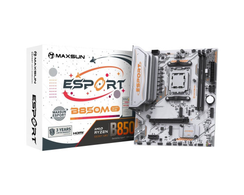Материнская плата Maxsun MS-eSport B850M WIFI ICE B850, AM5, 2*DDR5, 1*PCIEx16, 1*PCIEx1, 2*M.2, 6*USB3.2Gen1, 4*USB2.0, 2*SATA3.0, 1G, DP, HDMI, M-ATX, RTL Материнская плата Maxsun MS-eSport B850M WIFI ICE B850, AM5, 2*DDR5, 1*PCIEx16, 1*PCIEx1, 2*M.2, 6*USB3.2Gen1, 4*USB2.0, 2*SATA3.0, 1G, DP, HDMI, M-ATX, RTL