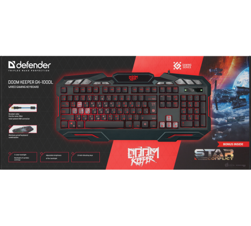 Клавиатура проводная игровая Defender Doom Keeper GK-100DL RU, трехцветная, 19 Anti-Ghost, черный