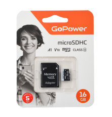 Карта памяти GoPower 16GB microSD Class10, 60 Мб/сек, V10, с адаптером