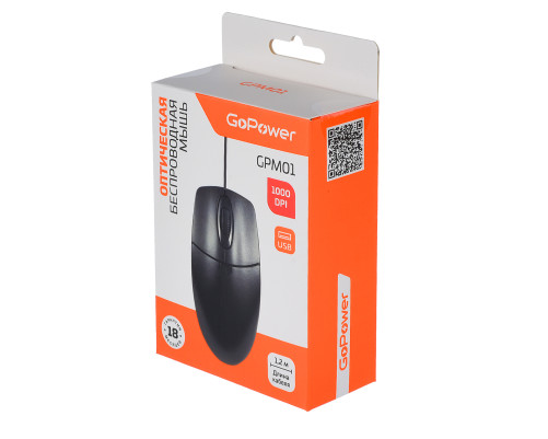 Мышь проводная GoPower GPM01, 3 кнопки, 1000 dpi, USB, черный Мышь проводная GoPower GPM01, 3 кнопки, 1000 dpi, USB, черный